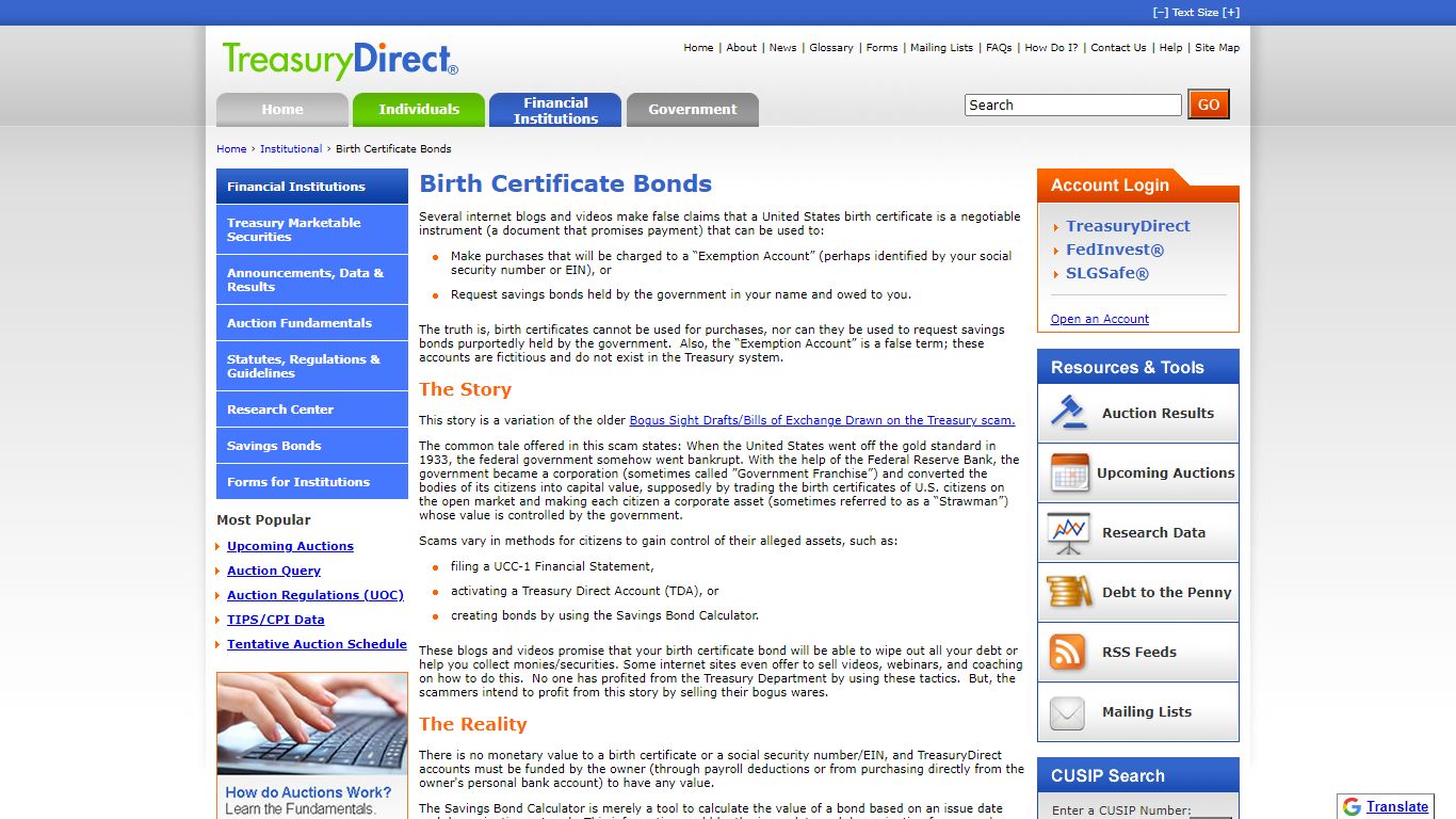 Institutional - Birth Certificate Bonds - TreasuryDirect